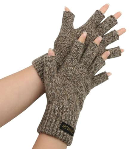VEGCOO Thermisch Wolle Fingerlose Handschuhe für Damen Herren, Warme Winterhandschuhe aus Strickwolle, Handschuhe Ohne Finger für Arbeits, Autofahren, Radfahren, Touchscreen (Khaki-Braun)