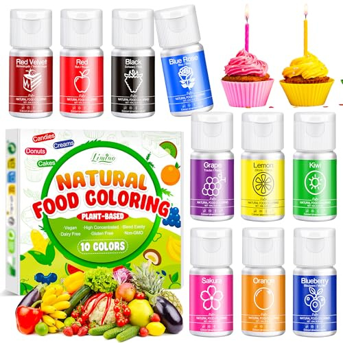Natürliche Lebensmittelfarbe - 10 x 10ml Flüssiger Pflanzenbasierter Lebensmittelfarben, Frei von Künstlichen Farbstoffen, Rein Natürliche Farben für Backen, Kuchenverzierung, Fondant, Zuckerguss
