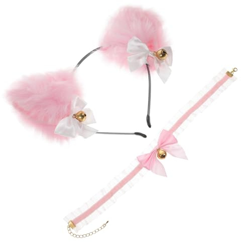 Healifty Serrage-tête Confortable et Ajustable Oreilles de Chat en Dentelle Rose Collier à Clochettes en Métal pour Fête D'anniversaire Fille Cosplay