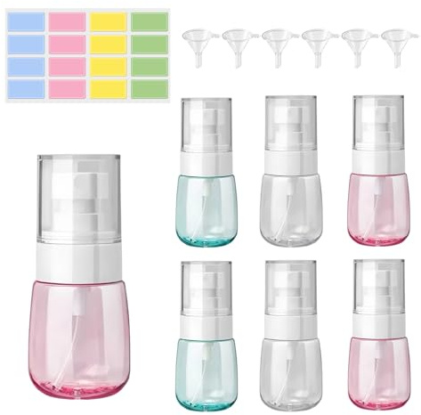 CxutSa 6 Piezas Bote Spray Plástico Color 30ML Atomizador de Viaje Pulverizador Pequeño para Aceites Esenciales, Limpieza, Perfume Cosméticos con 6 Embudos 16 Etiquetas