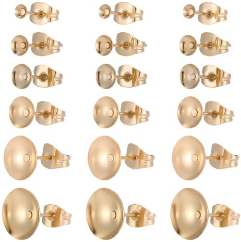 Beebeecraft 48 Pezzo di Orecchino A Perno A Forma di Coppa di Pera Orecchini A Perno Piatti e Rotondi da 3/4/5/6/8/10mm in Acciaio Inossidabile Placcato Oro 18K con Chiusura A Dado per La Creazione