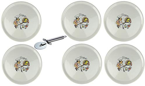 Saturnia Assiette à pizza XXL en porcelaine avec différents motifs + roulette à pizza en acier inoxydable (6 pièces, pâtisserie à pizza Ø 33 cm)