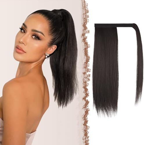 FESHFEN Pferdeschwanz Extensions Glatt Lang Pferdeschwanz Verlängerung Haarteil Clip in Ponytail Extension Synthetik Zopf Haarverlängerung für Damen, 40 cm Dunkelstes Braun
