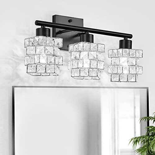BEHIYA 3 Lights Bathroom Vanity Light, Crystal Bathroom Light Fixture Over Mirror, Matte Black & Crystal Rotateable Indoor Wall Lights | Chrome Glass Modern Lampshade for Sink, Mirror & Foyer Corridor