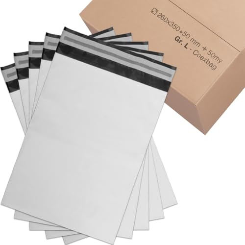 verpacking Versandbeutel 260x350 mm Weiß/Schwarz [Größe und Stückzahl wählbar] Blickdicht Coex Versandtaschen für Kleidung selbstklebend Verpackungstüten Folienversandtaschen 200 Stück