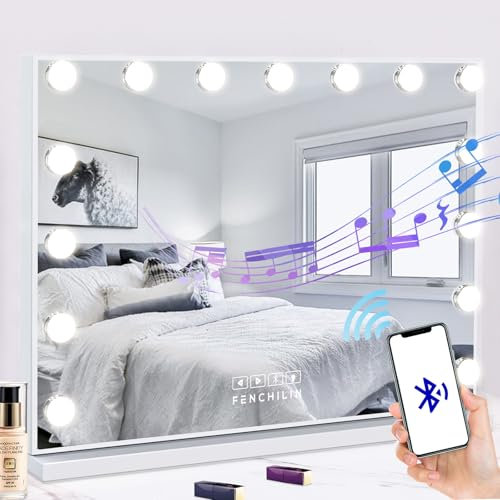 FENCHILIN Vanity Mirror with Lights Bluetooh Speaker Hollywood Mirror with Lights 15 LED USB Charging Port 3 Color Modes Dimmable Touch Control 10x Magnifying