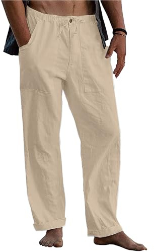 LVCBL Pantaloni Sportivi Casual in Lino da Uomo Estivi Larghi per Yoga Spiaggia con Elastico in Vita, Kaki, XL