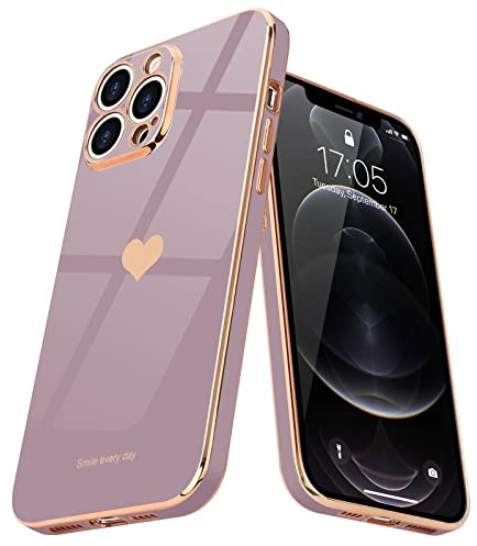 Teageo for iPhone 12 Pro Case Cute Heart Pattern for Women Girls Slim Luxury Bling Plating Soft TPU Anti-Scratch Shockproof Bumper Phone Case for iPhone 12 Pro, Lavender