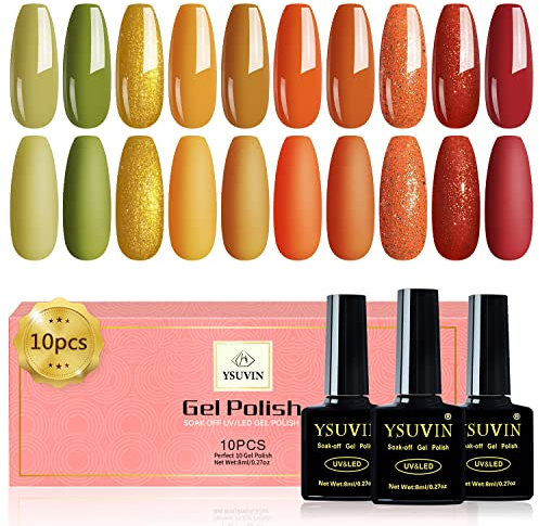 Yueshop Orange Gel Nail Polish, 10 Pcs Bright Yellow Green Orange-Red Glitter Autumn Set Soak-Off UV Manicure Varnish For Halloween, 8ML