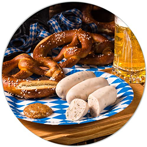 Wallario Glasbild rund Bayerische Brotzeit mit Weißwurst, Brezel und Bier - Rund, 50 cm Durchmesser Wandbild Glas in Premium-Qualität: Brillante Farben, freischwebende Optik
