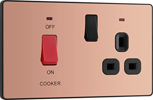BG PCDCP70B Interrupteur de cuisinière électrique avec prise et LED, prise de commande, double pôle, plaque avant sans vis, Evolve, cuivre poli, 45 A, PCDCP70B