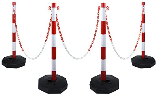 TRMLBE Kettenpfosten 82 x 28 x 28 cm Absperrpfosten Kettenständer-Set mit 4 Abgrenzungsständer und 1.4m Gliederketten Absperrungen für Warnung an Auffahrt, Garage, dem Tor - Rot