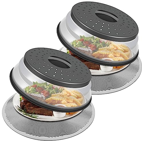 LekDrok Pack 2, Microwave Food Cover with Mat 12 Inch, Mat as Bowl Holder, Cover for Splatter Guard, Collapsible Lid for Plate, Multi-Use Silicone Mat & Kitchen Colander Gadget for Meal Prep, Charcoal