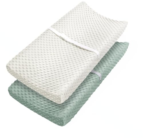 Changing Pad Cover, Ultra Soft Minky Dots Plush Changing Table Covers for Baby Girls and Boys, Pack of 2 (Roman Green & Lily White)
