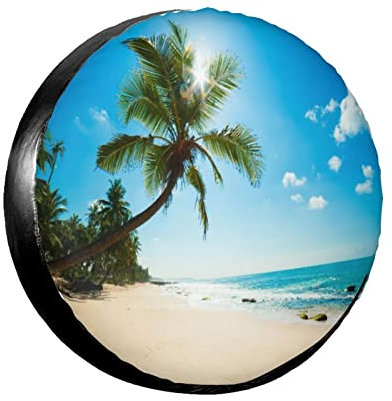 Reifenschutz Tropical Beach Palm Tree Coast Sands Ozeanwellen Unter Sonnigem Himmel Am Meer Universal Reifensack Polyester Reifenschutzhülle Für Geburtstag Truck Caravan 16inch
