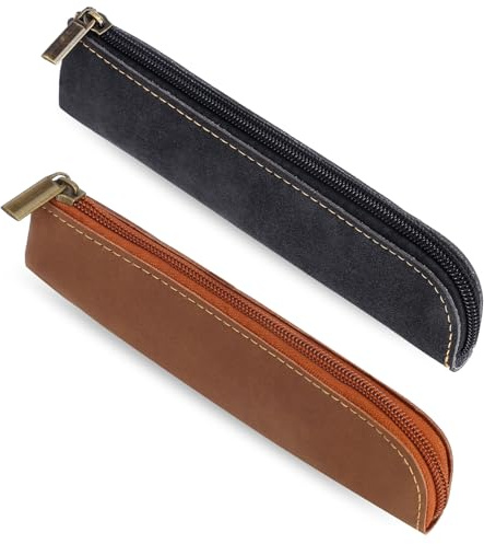 Mozeat Lens 2 Stück Leder Federmäppchen ästhetischer Stiftetasche mit Reißverschluss Bleistift Organizer Schreibwarentasche tragbar Kosmetiktasche Kleiner schmal Stifteetui für Stifte Marker Make-up