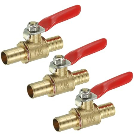 sourcing map 3/8 Mini Ball Valve, Brass Shut-Off Valve Switch Hose Barb Pipe Tube Fittings 90 Degree Red Operation Handle, Brass Valve, 3 Pcs