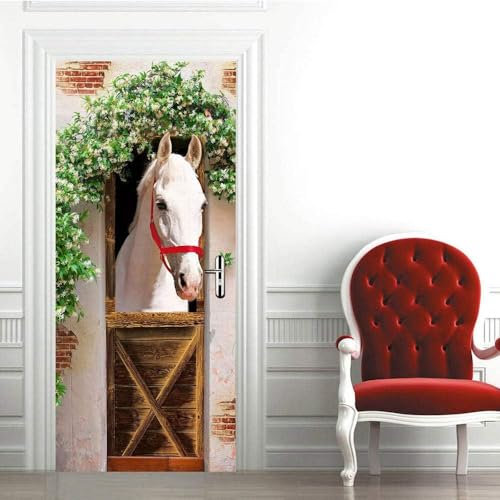 Fototapete Selbstklebend Tier Pferd Weiß 77 X 200 Cm 3D Türaufkleber Türtapete Selbstklebend Türposter Selbstklebende 3D Tür Wandbilder Aufkleber Diy Tapete Tü - Junge Mädchen Zimmertür Kunst -2G2P8F3