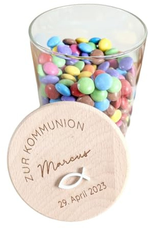 Personalisiertes Vorratsglas 750ml mit Gravur – Geldgeschenk zur Kommunion, Firmung & Konfirmation – Glas mit Holzdeckel Buche – Made in Germany | frillydesigns