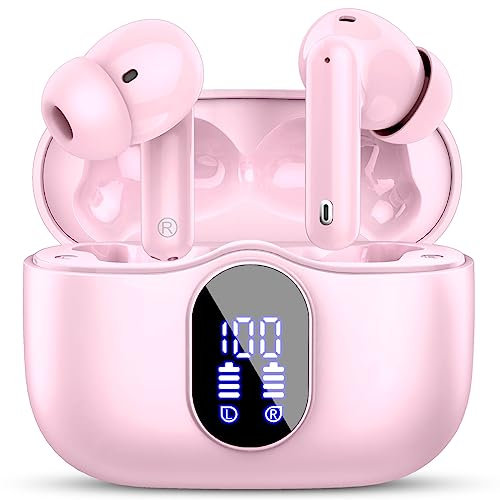 Wireless Earbuds, Bluetooth 5.4 Headphones In Ear with 4 ENC Noise Cancelling Mic, Bluetooth Earbuds Mini Deep Bass Stereo Sound, 36H Playtime LED Display Wireless Earphones IP7 Waterproof, Pink