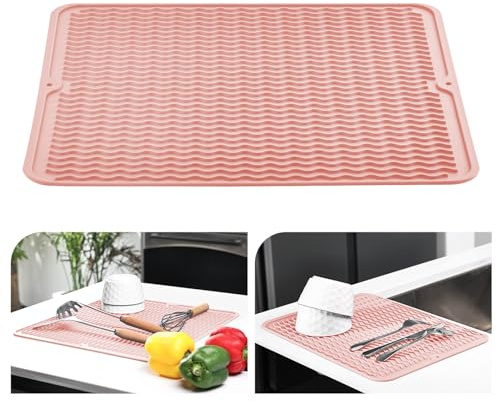 KitchenRaku droppmatta 30 x 40 cm, silikon diskho värmebeständig halkfri droppmatta diskbänk, diskmatta droppunderlägg, bordsset (blekrosa)