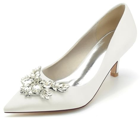 Bodas de Mujer Rhinestone Zapatos de Noche de Encaje Puntiaguda Vestido de Fiesta Zapatos de Novia,Marfil,41 EU