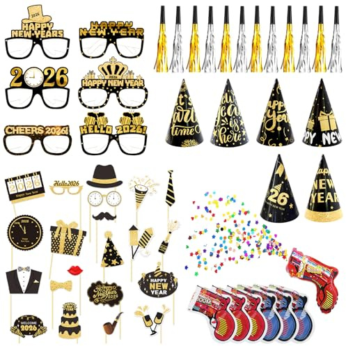 2026 Decorazioni Capodanno Set, 22 Photo Booth, 6 Capodanno, 6 Cappellini, 6 Argento Trombette, 6 Oro Trombette, 6 Spara, Happy New Year Party Accessori