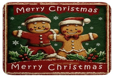 Loussiesd Weihnachten Badematte 40x60cm Lebkuchenmann Badezimmerteppich für Badezimmer Wohnzimmer Weihnachtsbaum und Geschenke Badteppiche Frohe Weihnachten Anti-Rutsch Badvorleger Dunkelrot