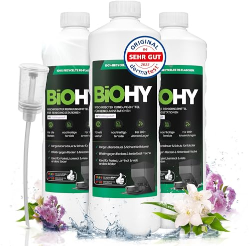 BiOHY Mopprobot rengöringsmedel med fräsch vårdoft (3 x 1l flaska) + doser | Särskilt utvecklad för rengöringsstationer | Förlänger livslängden för sugstationen (Wischroboter Station Frühling)