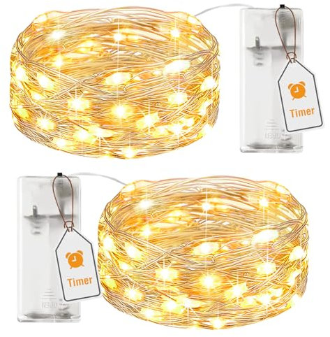 btfarm 2 Stück Lichterkette Batterie mit Timer, 2M 20 LED Micro Silberdraht Lichterkette Draht Innen Batteriebetrieben für Party Schlafzimmer Weihnachten Hochzeit Halloween Deko, Warmweiß