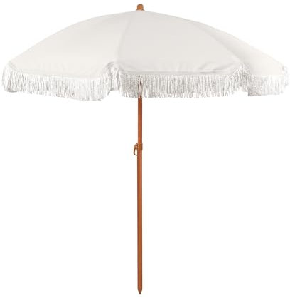 Parasol de patio élégant à franges de 1,8 m pour piscine, jardin, terrasse, plage, pompons vintage et poteau inclinable avec bouton poussoir, idéal pour une utilisation en extérieur