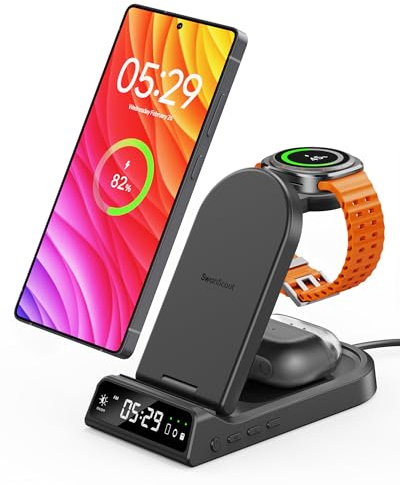 Wireless Charger for Samsung Z Fold 8/Z Fold 8 Ultra/Z Flip 8/S26 Series | for Samsung Watch Ultra/8 Classic/8/7, Dimmable LED clock, Foldable Design, Multi-protection, SwanScout 702S