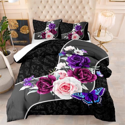 Bettdecke 200X200 Lila Blumen Bettdecken 200Gsm,Dünne Und Leichte Duvet,4 Jahreszeiten Bettdecken,Weiche Mikrofaser Bettdecke Mit 2 Kissenbezüge,Warm Steppbettdecke Für Allergiker