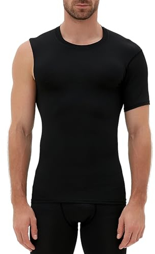 Herren-Kompressions-Shirt, 1/2 einarmig, kurzärmelig, athletische Baselayer, Unterhemd, Ausrüstung, T-Shirt für Basketball, Schwarz-links, Klein