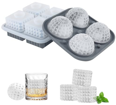 Vookkp 2 Pezzi Cubetti Ghiaccio Stampo Ghiaccio Silicone Stampi Forme Ghiacci con Coperchio, Grande Stampo Quadrato e Sferiche per Cubetti di Ghiaccio, per Whisky, Cocktail e Bevande Fredde(Grigio)
