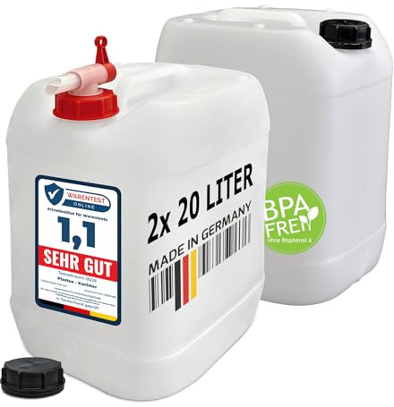 plasteo Bidón de agua natural para bebidas de 20 litros, con grifo y tapas de rosca, sin BPA, apto para alimentos, portátil, fabricado en Alemania (2 bidones + 1 grifo)