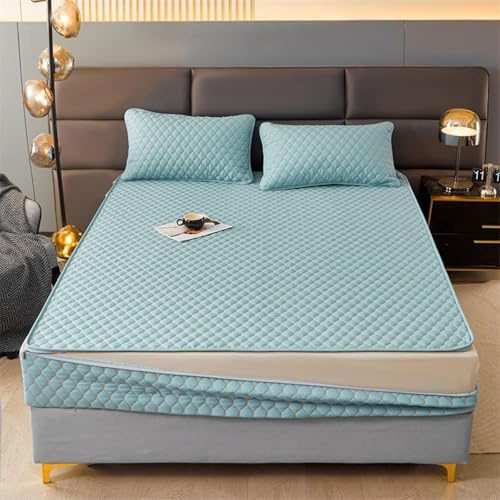 DSSHENGDS Coprimaterasso con Cerniera，Proteggi Materasso Personalizzabile Rivestimento，Trapuntato Cinque Lati Lavabile Imbottito Lenzuolo -Cyan-Blue- 80x200+20cm