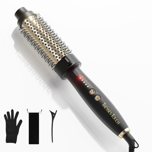 Tresses Touch Thermal Brush, Round Heated Hot Brush Blowout Boost Ionic, Curling Brushes for All Hair, 5 Temperature Settings, Universal Voltage for Travel, Dual PTC, Not for Blow Drying, Gold