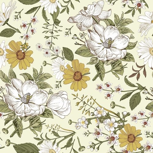 Honcet Self Adhesive Wallpaper Yellow, Sticky Back Plastic Floral 44x300cm, Vinyl Wrap for Furniture Vintage Cupboards Kitchen Living Room