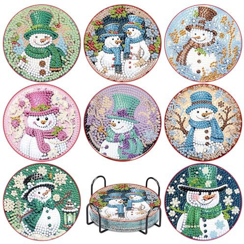 EFNHJF5 8 Stück Diamond Painting untersetzer with Holde- mit Halterung,Diamond painting weihnachten - Schneemann Design DIY Bastelset für Erwachsene & Kinder, für Weihnachtsdeko & Festtagsgeschenke