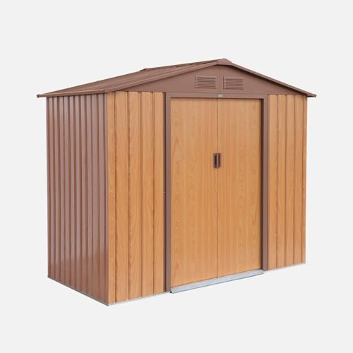 sweeek - Abri de Jardin en métal - Houtland. 2.71 m² chêne - Cabane à Outils avec Double Portes coulissantes. kit de Fixation Sol Inclus. L 213 x P 131 x H 185cm