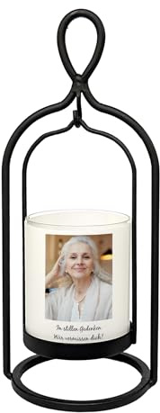 private grief® Personalisierbares Trauer-Windlicht mit Foto & Text – Edle Ritzenhoff Laterne aus Glas & Eisen – Gedenklicht mit individueller Banderole – individuelles Erinnerungslicht