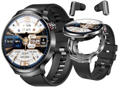 Rainbuvvy Montre Intelligente pour Homme et Homme, écouteurs sans Fil, écran Tactile de 4,7 cm, Moniteur de santé, Montre de Sport pour téléphone iOS Android (Noir)
