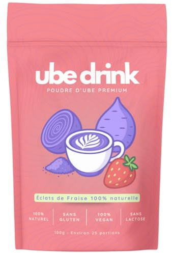 UBE DRINK - Poudre d’Ube Premium 100% Naturelle - 100g - Igname Violette - Latte, Pâtisseries, Smoothies - Vegan, Sans Gluten, Sans Lactose, Sans Sucre (Fraise naturelle)