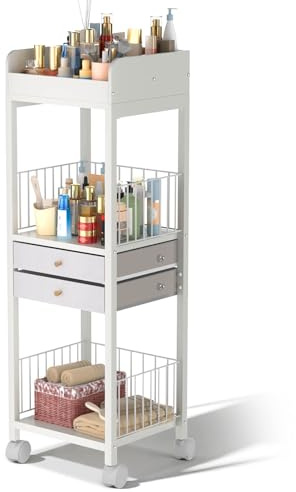 Makeup Organizer Storage Cart, Rolling Floor Skincare Organizer with 2 Drawers, Makeup Vanity Organizer Cosmetics Display Cases Holder for Skin Care, Perfume, Makeup Brush, Nail Polish, Hair Tools