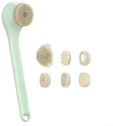 Electric bath brush with three massage levels and adjustable scrubbing settings, long handle design for back reach, detachable brush head for hygiene maintenance (Brush - Green)