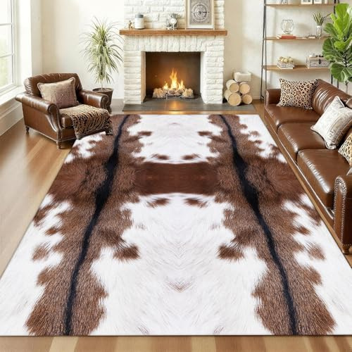 ZLXMN 70x140cm Western Living Room Animal Print Skin Non-Slip Rugs Cow Hide Faux Cowhide Rug, White And Brown Cow Print Washable Mat for Bedroom Office Country Sturdy Carpet