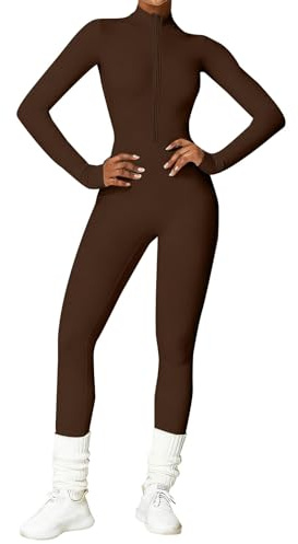 Dam yoga jumpsuit sport sparkdräkt långärmad enhet stretchig lekdräkt en del smidig touch bodysuit fitness dragkedja träning outfit slim fit sportkläder vardagskläder, B-kaffe, S