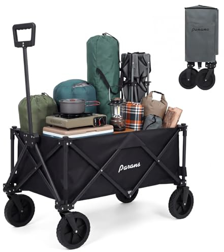 Panana Folding Trolley With Wide Wheels, Foldable Wagon, Portable Camping Cart, Collapsible Trolly With Adjustable Handle, Shopping Trolley Foldaway for Easy Storage (Black, 150L)