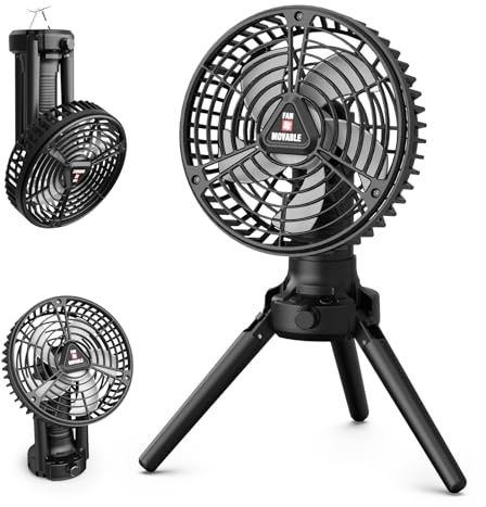Tonfarb Camping Ventilator Akku, Ventilator Leise 7500mAh Aufladbar | Akku Ventilator mit LED Licht & Haken, Stufenlose Drehzahlregelung, 180° Drehung, für Wohnmobil, Zelt, Outdoor, Wohnwagen
